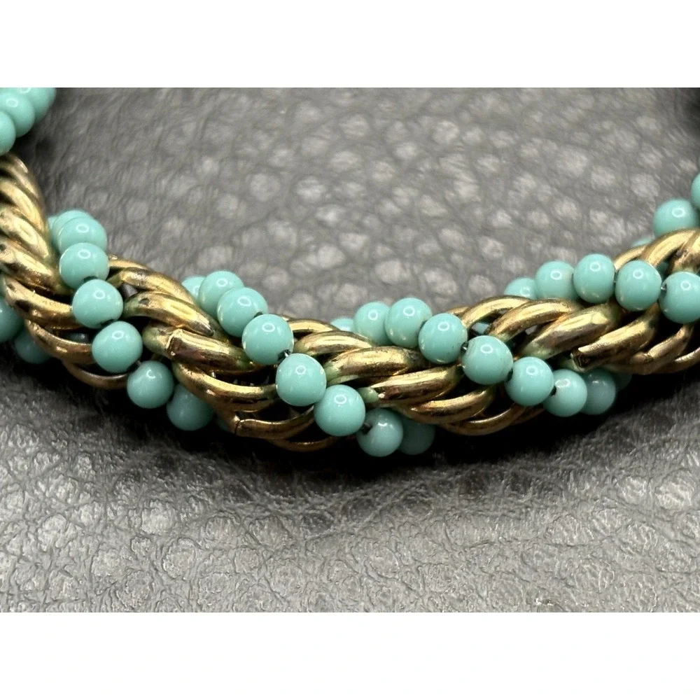 Vintage Faux Turquoise Blue Beads Thick Wide Rope Chain Bracelet Twisted 8.5